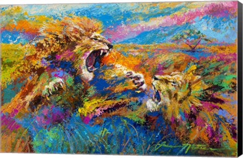 Framed Pride Fight in the Savanna - African Lions Print