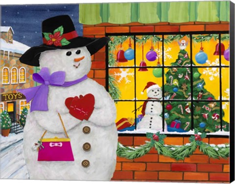 Framed Snow Woman Window Shops Print