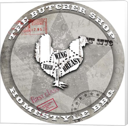 Framed American Butcher Shop Round Chicken Print