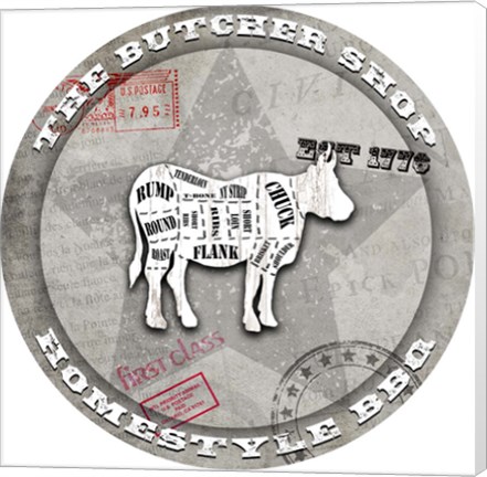 Framed American Butcher Shop Round Cow Print