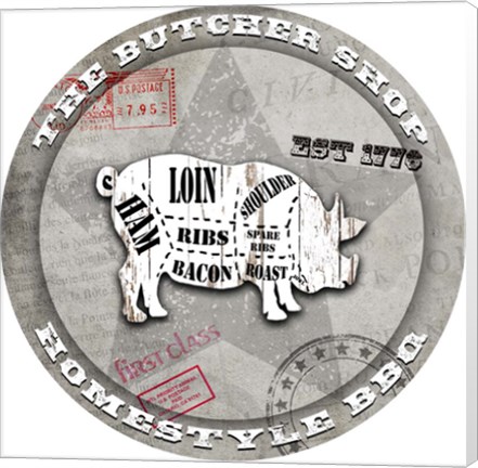 Framed American Butcher Shop Round Pig Print