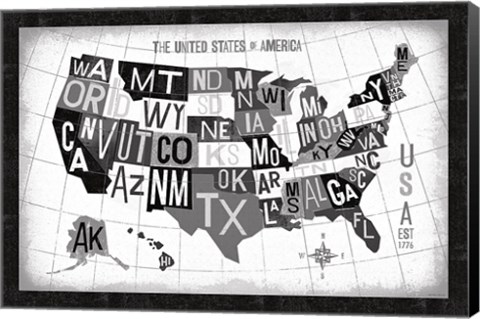 Framed Letterpress USA Map Dark Print