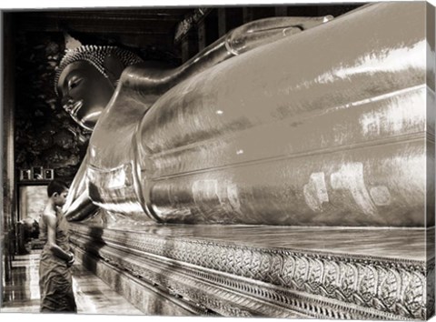 Framed Praying the reclined Buddha, Wat Pho, Bangkok, Thailand (sepia) Print