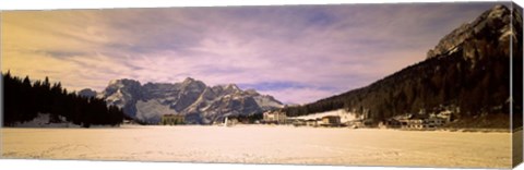 Framed Frozen Lake with Town at Mountainside, Lake Misurina, Veneto, Italy Print