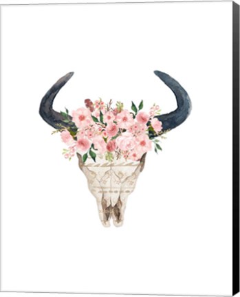 Framed Pink Floral Bull Skull Print