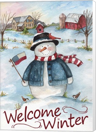 Framed Snowman Farm Scene Welcome Winter Print