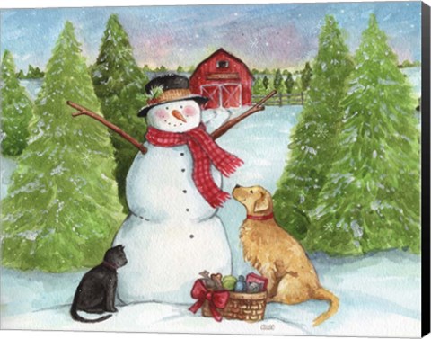 Framed Snowman Dog And Cat Farm Horizontal Print