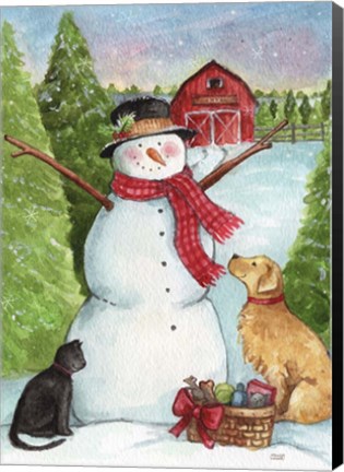 Framed Snowman Farm With Dog And Cat Print