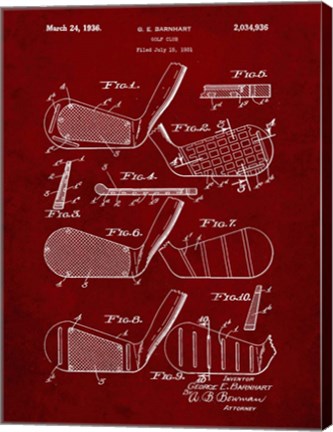 Framed Golf Club Patent - Burgundy Print
