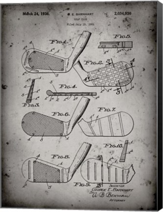 Framed Golf Club Patent - Faded Grey Print