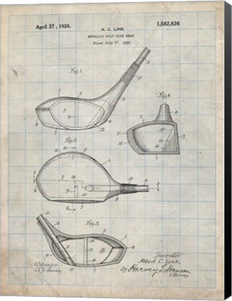 Framed Metallic Golf Club Head Patent - Antique Grid Parchment Print