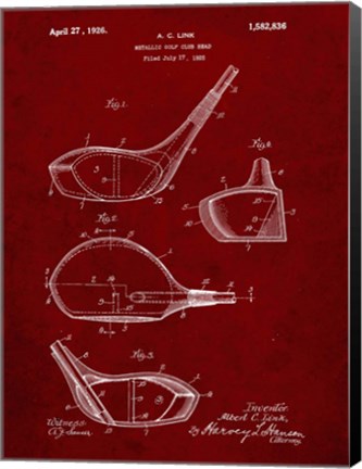 Framed Metallic Golf Club Head Patent - Burgundy Print