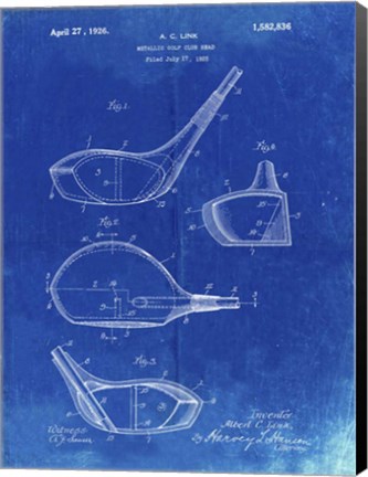 Framed Metallic Golf Club Head Patent - Faded Blueprint Print