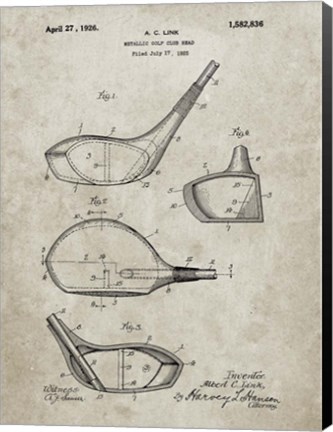 Framed Metallic Golf Club Head Patent - Sandstone Print