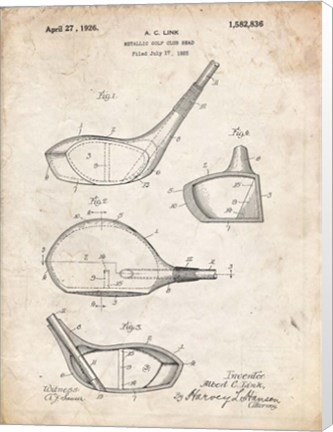 Framed Metallic Golf Club Head Patent - Vintage Parchment Print