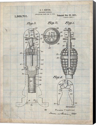 Framed Explosive Missile Patent - Antique Grid Parchment Print