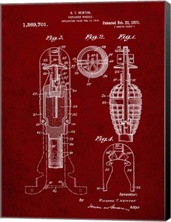 Framed Explosive Missile Patent - Burgundy Print
