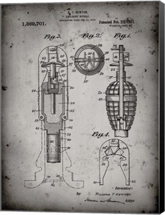 Framed Explosive Missile Patent - Faded Grey Print