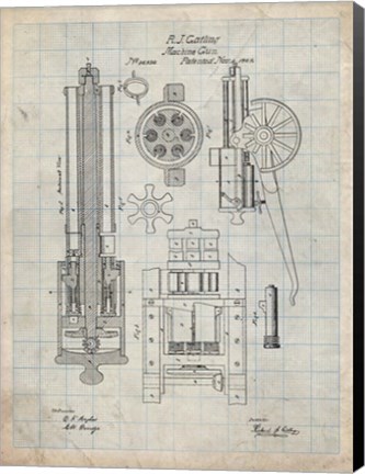 Framed Machine Gun Patent - Antique Grid Parchment Print