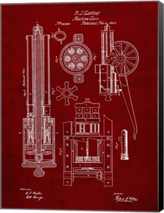 Framed Machine Gun Patent - Burgundy Print