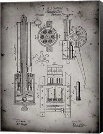 Framed Machine Gun Patent - Faded Grey Print
