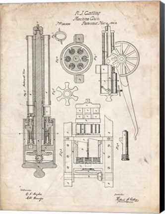 Framed Machine Gun Patent - Vintage Parchment Print