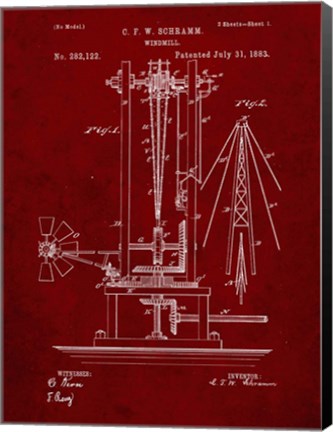 Framed Windmill Patent - Burgundy Print