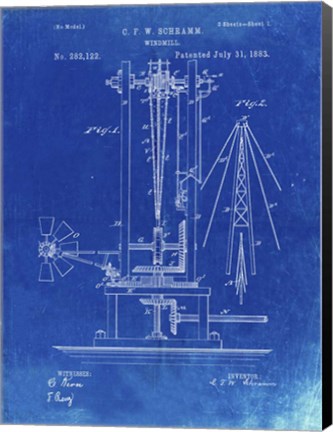 Framed Windmill Patent - Faded Blueprint Print
