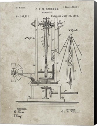 Framed Windmill Patent - Sandstone Print