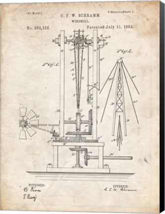 Framed Windmill Patent - Vintage Parchment Print