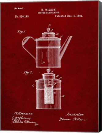 Framed Coffee Percolator Patent - Burgundy Print