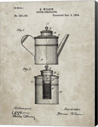 Framed Coffee Percolator Patent - Sandstone Print