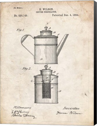 Framed Coffee Percolator Patent - Vintage Parchment Print