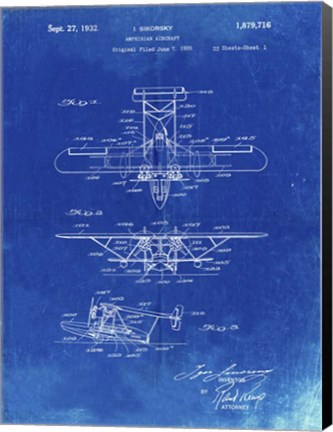 Framed Amphibian Aircraft Patent - Faded Blueprint Print