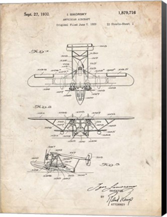 Framed Amphibian Aircraft Patent - Vintage Parchment Print
