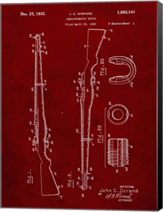 Framed Semi-Automatic Rifle Patent - Burgundy Print