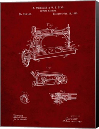Framed Sewing Machine Patent - Burgundy Print