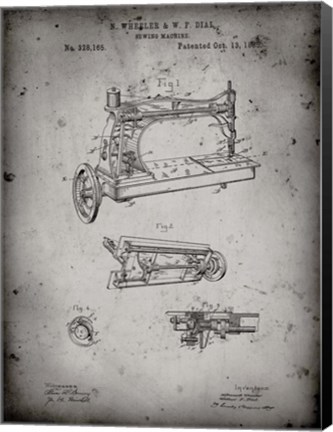 Framed Sewing Machine Patent - Faded Grey Print