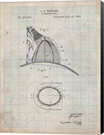 Framed Fireman's Hat Patent - Antique Grid Parchment Print