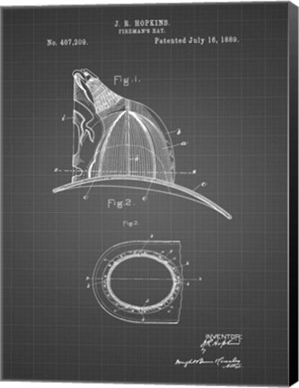 Framed Fireman&#39;s Hat Patent - Black Grid Print
