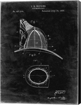 Framed Fireman&#39;s Hat Patent - Black Grunge Print
