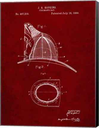 Framed Fireman&#39;s Hat Patent - Burgundy Print