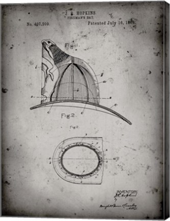 Framed Fireman's Hat Patent - Faded Grey Print