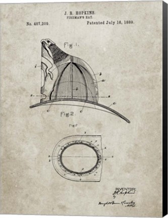 Framed Fireman&#39;s Hat Patent - Sandstone Print