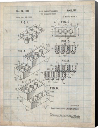 Framed Toy Building Brick Patent - Antique Grid parchment Print
