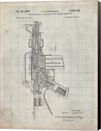 Framed Firearm With Auxiliary Bolt Closure Mechanism Patent - Antique Grid Parchment Print