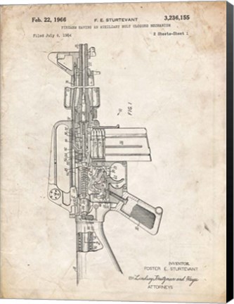 Framed Firearm With Auxiliary Bolt Closure Mechanism Patent - Vintage Parchment Print