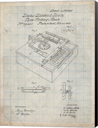 Framed Type Writing Machine Patent - Antique Grid Parchment Print