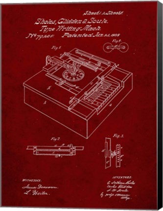 Framed Type Writing Machine Patent - Burgundy Print