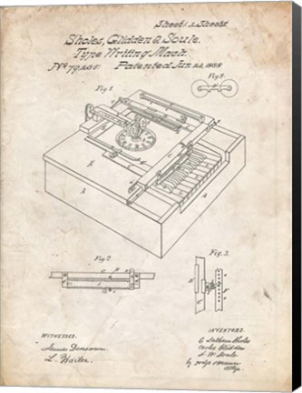Framed Type Writing Machine Patent - Vintage Parchment Print